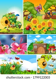 Set of different insects living in the garden background illustration