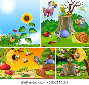 Set of different insects living in the garden background illustration