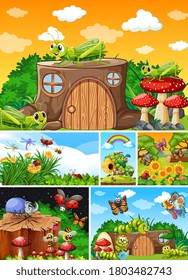 Set of different insects living in the garden background illustration