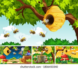 Set of different insects living in the garden background illustration