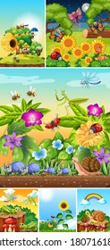 Set of different insects living in the garden background illustration