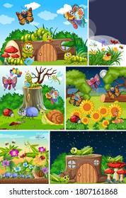 Set of different insects living in the garden background illustration