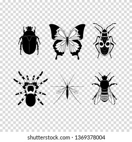 Set of different insects on transparent  background, black insects silhouettes, bedbug, mosquito, butterfly, beetle, bee, tarantula. Vector illustration. EPS10