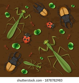 Set of different insects on wooden wallpaper background illustration