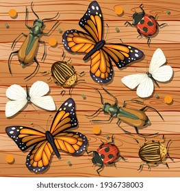 Set of different insects on wooden wallpaper background illustration