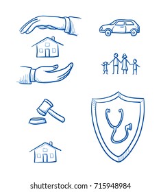 Set With Different Insurance Icons, As Car, Health, Legal, Liability, Family, Life, And House. Hand Drawn Line Art Cartoon Vector Illustration.