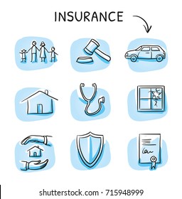 Set with different insurance icons, as car, health, legal, liability, family, life, and house. Hand drawn sketch vector illustration, blue marker style coloring on single blue tiles.