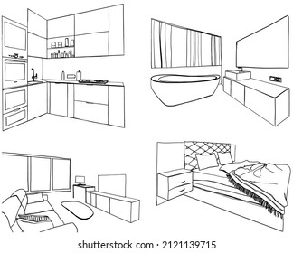 Set of different interior hand drawn sketch, vector illustration