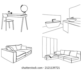 Set of different interior hand drawn sketch. Kitchen, living room, bathroom, bedroom, workplace.