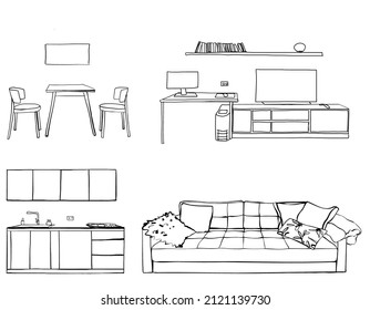 Set of different interior hand drawn sketch. Kitchen, living room, bedroom, workplace.