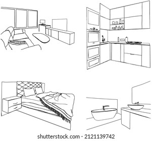 Set of different interior hand drawn sketch. Kitchen, living room, bathroom, bedroom, workplace.