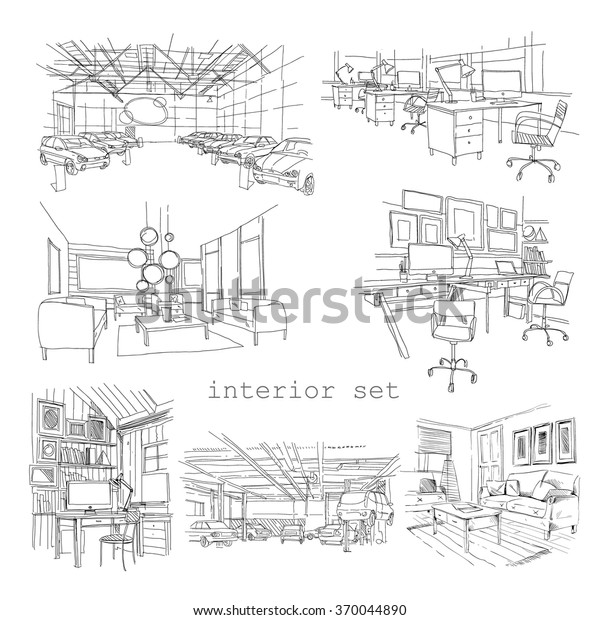 Set of different interior hand drawn sketch,\
vector illustration