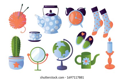 Set of different interior home items. Vector illustration in flat cartoon style.