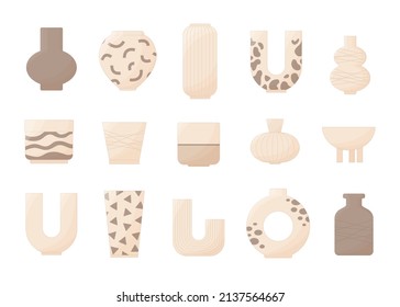 Set of different interior vases and plant pots isolated on white background. Modern interior decor elements: beige flower vases and ceramic clay pots. Scandinavian, midcentury, boho style collection.