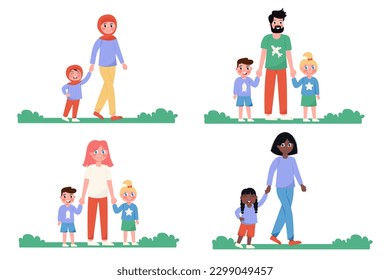 A set of different international parents, Mum and Dad walking with their children in a flat style