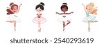 Set of different international pretty ballerinas in white and pink dress dancing on white background. Poster, Banner, Flyer, Greeting Card. Vector illustration in flat cartoon style