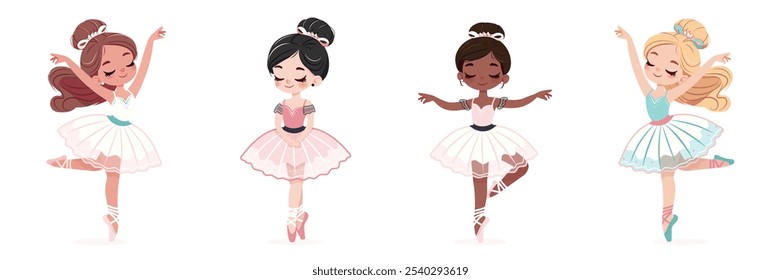 Conjunto de diferentes bailarinas internacionales bonitas en vestido blanco y rosa bailando sobre fondo blanco. Póster, Anuncio, Flyer, Tarjeta de felicitación. Ilustración vectorial en estilo plano de dibujos animados