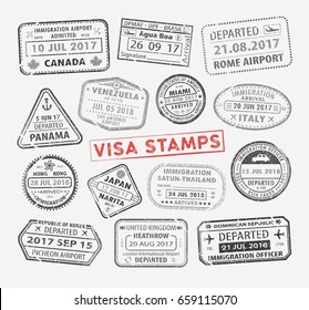 Set of different international travel visa passport signs or rubber stamp. Arrivals stamp. Canada, Brasil, Italy, Panama, Venezuela, USA, United Kingdom, Korea, Japan, China. Tourism document. Vector