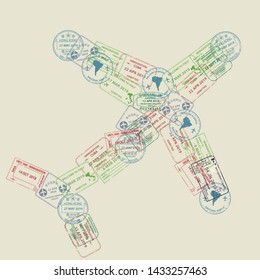 Set of different International travel visas passport stamp icons for entering to Australia, Thailand, Brazil, Canada, Cuba, Hong Kong, Indonesia, Vietnam in form of plane