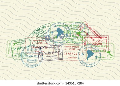 Set different International travel visas passport stamp icons for entering to Australia, Thailand, Brazil, Canada, Cuba, Hong Kong, Indonesia, Vietnam in form of car
