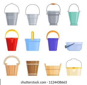 Conjunto de diferentes cubos de hierro, plástico y madera de diferentes formas. Dibujo de dibujos animados.