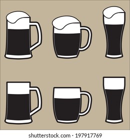 Set of different isolated beer mugs and glass with foam. Vector drink icon. 