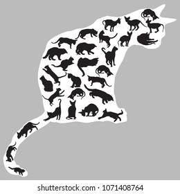 Set of different  isolated cats silhouettes (sitting, standing, lying, playing) in black color inside big sitting silhouette of cat in white color. Grey background. Vector monochrome illustration.