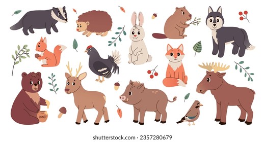 Set of different isolated cute funny forest animals in flat vector style on white background. Woodland life. Bear, elk, deer, beaver, grouse, hare, fox, wolf, badger, hedgehog, jay, roe, squirrel