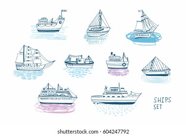 Set of different isolated doodle ships, yachts, boats, sailing craft, sailboat, nautical vessel. Sea transport collection. Hand drawn illustration.  