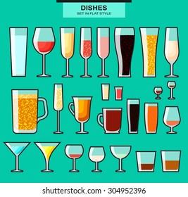 Set of different isolated glasses with a stroke. 