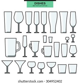 Set of different isolated glasses with a stroke. 