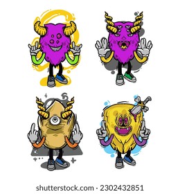 set of different isolated hand drawn colorful monster.