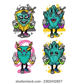 set of different isolated hand drawn colorful monster.