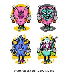 set of different isolated hand drawn colorful monster.