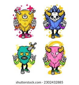 set of different isolated hand drawn colorful monster.