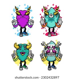 set of different isolated hand drawn colorful monster.
