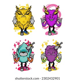 set of different isolated hand drawn colorful monster.