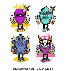 set of different isolated hand drawn colorful monster.