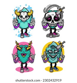 set of different isolated hand drawn colorful monster.