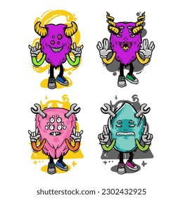 set of different isolated hand drawn colorful monster.