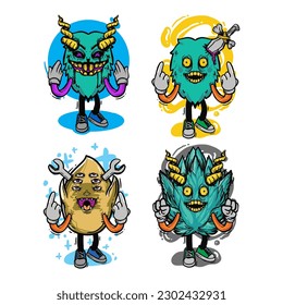 set of different isolated hand drawn colorful monster.