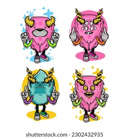 set of different isolated hand drawn colorful monster.