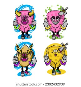 set of different isolated hand drawn colorful monster.
