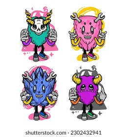 set of different isolated hand drawn colorful monster.