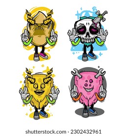 set of different isolated hand drawn colorful monster.