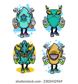 set of different isolated hand drawn colorful monster.
