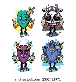 set of different isolated hand drawn colorful monster.