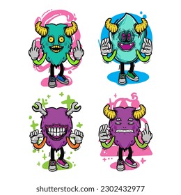 set of different isolated hand drawn colorful monster.