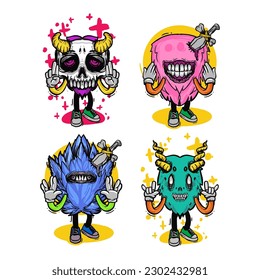 set of different isolated hand drawn colorful monster.