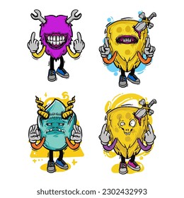 set of different isolated hand drawn colorful monster.